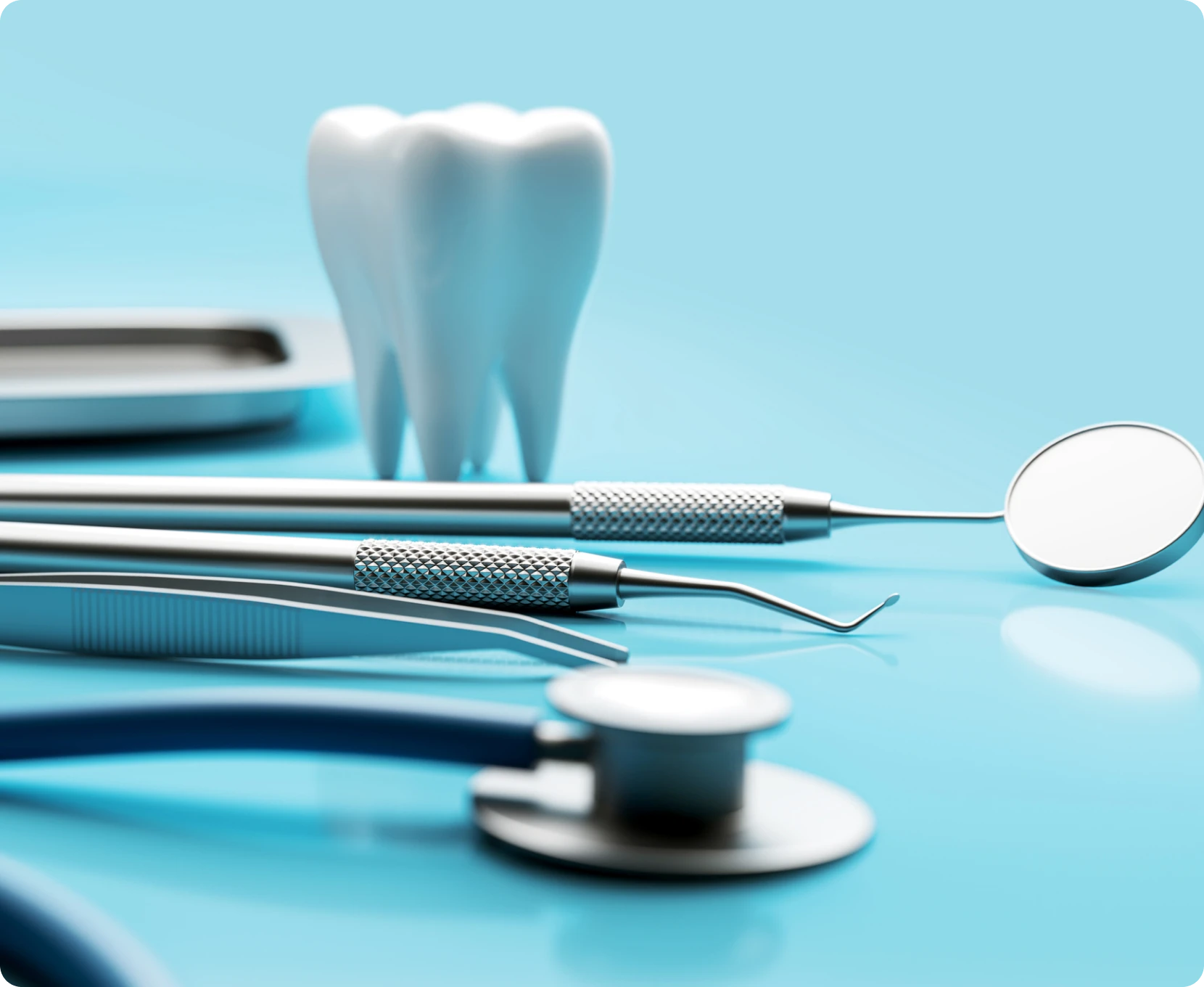 Dental tools and tooth model on table